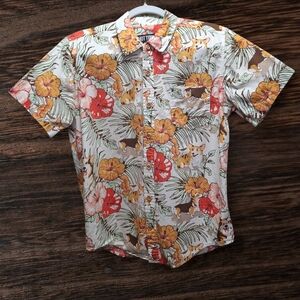 Hot Topic Tropical Flora Smiling Corgi Button Short Sleeve Shirt Men Size Medium